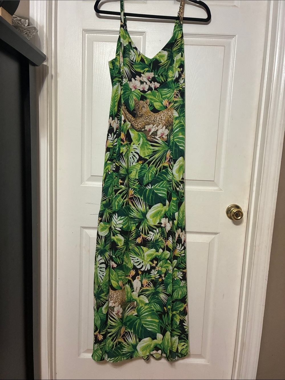 White House Black Market Green Tropical Leaf & Leopard Maxi Dress